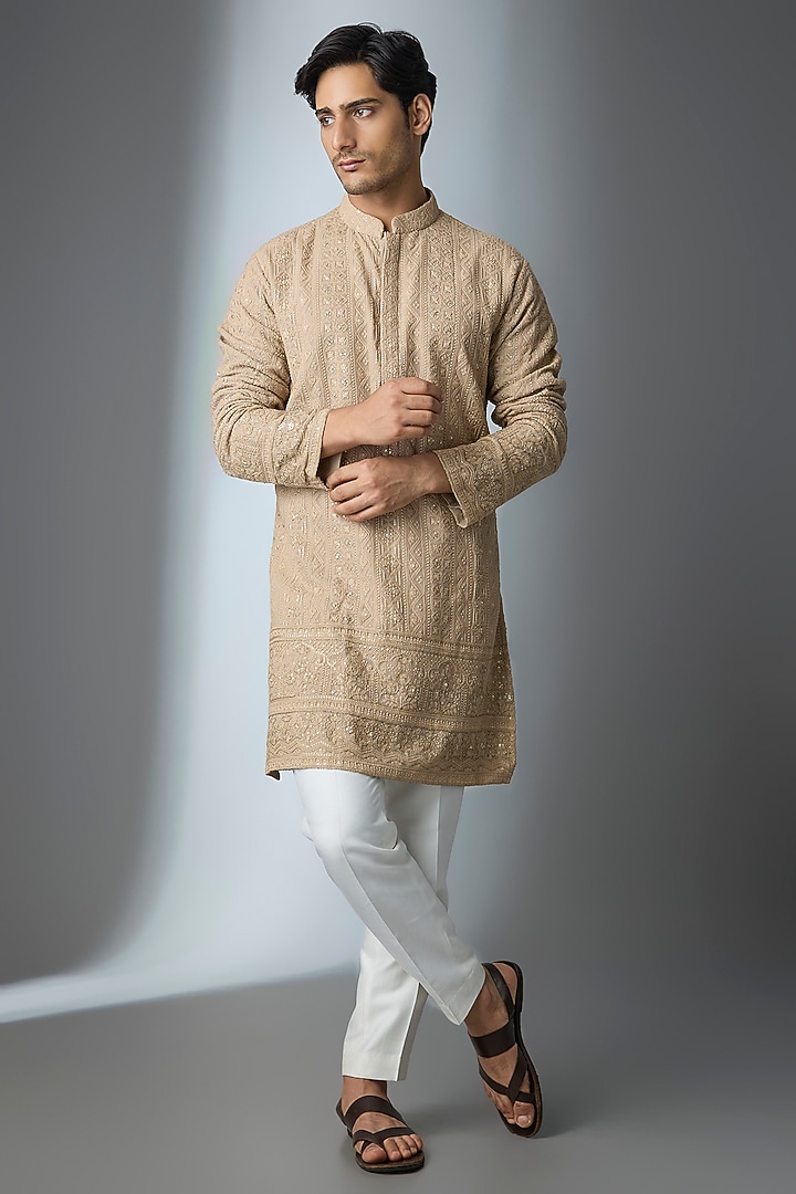 Beige Chanderi Silk Kurta by ARTIMEN at Pernia's Pop Up Shop