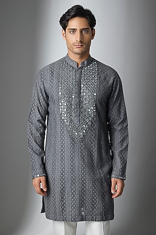 Grey Chanderi Silk Kurta by ARTIMEN