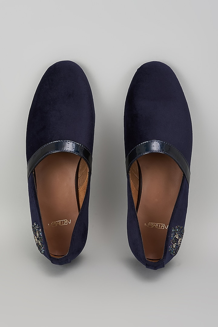 Blue Leather Hand Embroidered Shoes by ARTIMEN at Pernia's Pop Up Shop