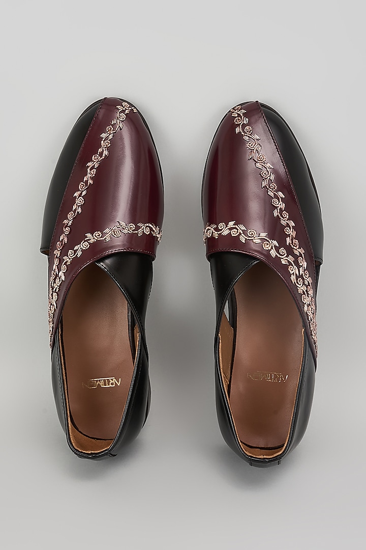 Black & Cherry Leather Hand Embroidered Peshawaris by ARTIMEN