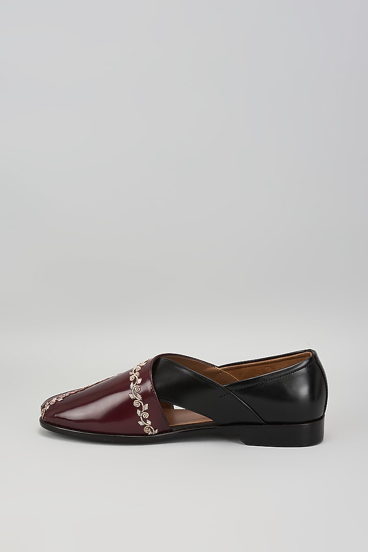 Black & Cherry Leather Hand Embroidered Peshawaris by ARTIMEN at Pernia's Pop Up Shop
