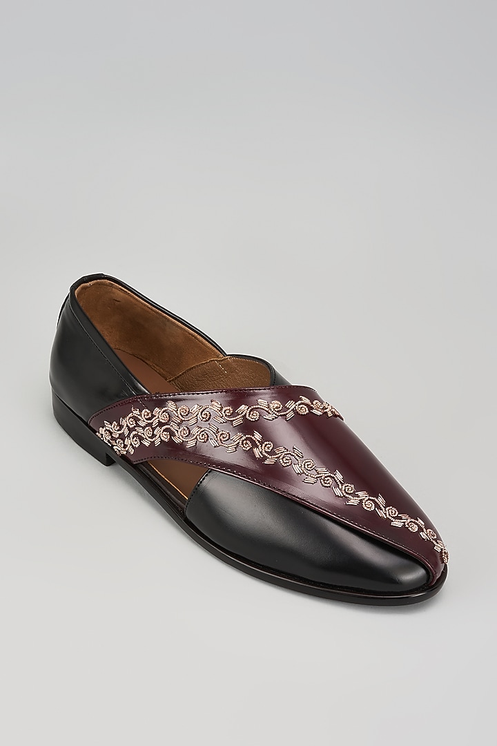 Black & Cherry Leather Hand Embroidered Peshawaris by ARTIMEN at Pernia's Pop Up Shop