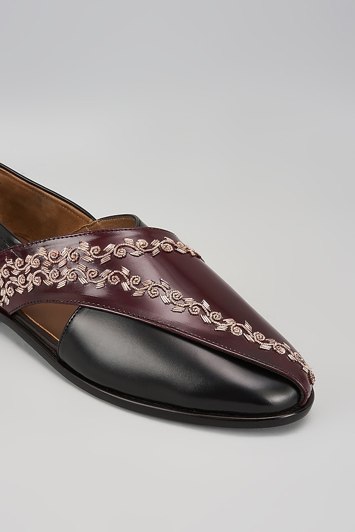 Black & Cherry Leather Hand Embroidered Peshawaris by ARTIMEN at Pernia's Pop Up Shop