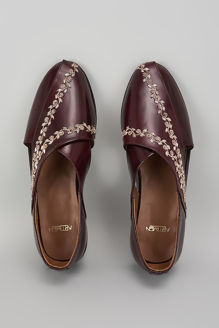 Cherry Leather Hand Embroidered Peshawaris by ARTIMEN