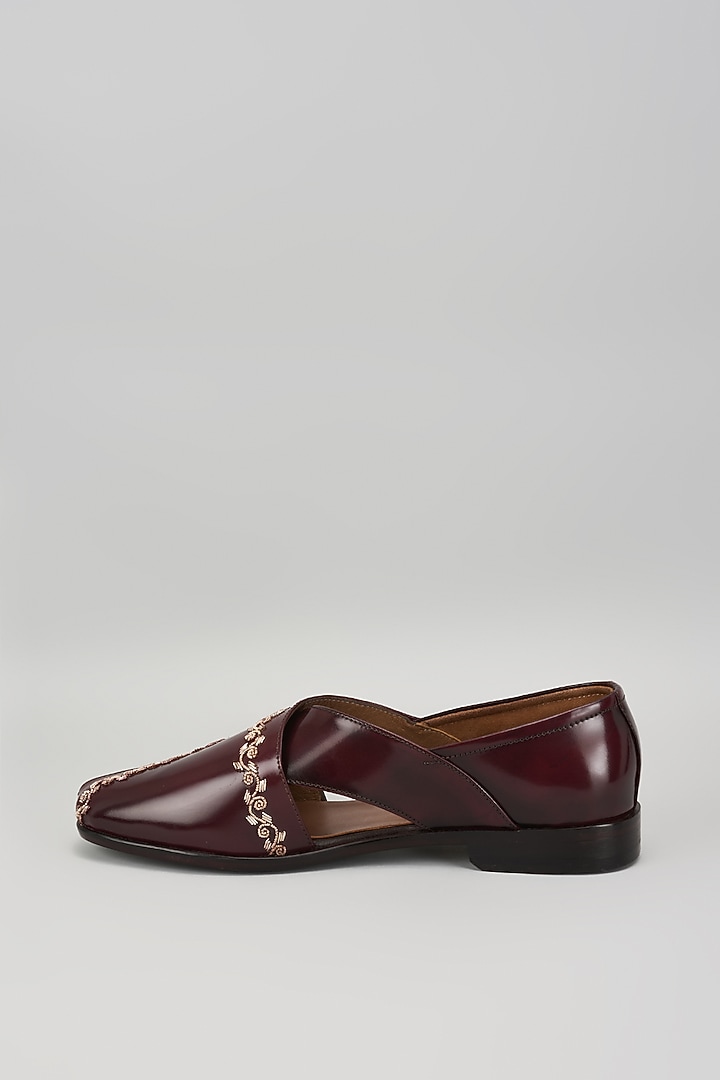 Cherry Leather Hand Embroidered Peshawaris by ARTIMEN at Pernia's Pop Up Shop