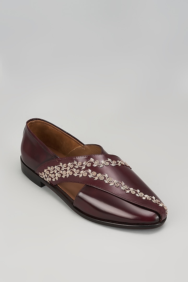 Cherry Leather Hand Embroidered Peshawaris by ARTIMEN at Pernia's Pop Up Shop