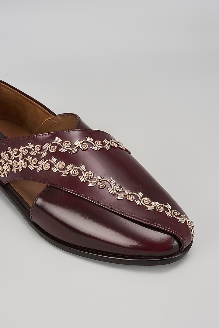 Cherry Leather Hand Embroidered Peshawaris by ARTIMEN at Pernia's Pop Up Shop