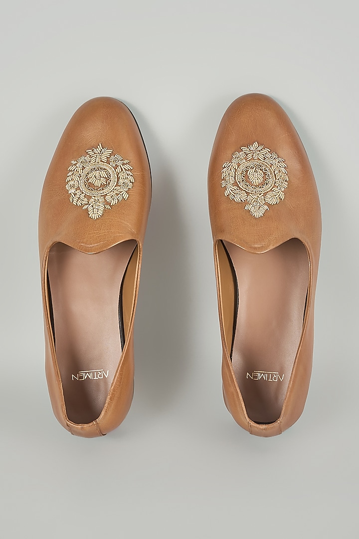 Tan Leather Mojaris by ARTIMEN at Pernia's Pop Up Shop