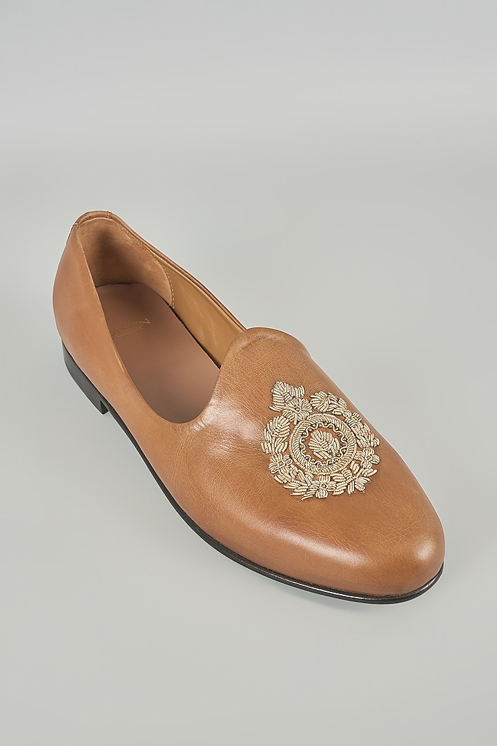 Tan Leather Mojaris by ARTIMEN at Pernia's Pop Up Shop