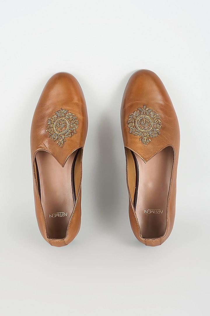 Tan Leather Juttis by ARTIMEN at Pernia's Pop Up Shop