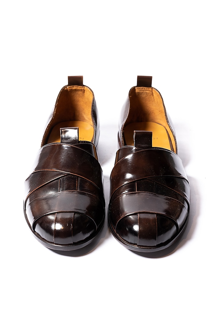 Burnt Deep Brown Leather Cross Strappy Sandals by ARTIMEN at Pernia's Pop Up Shop