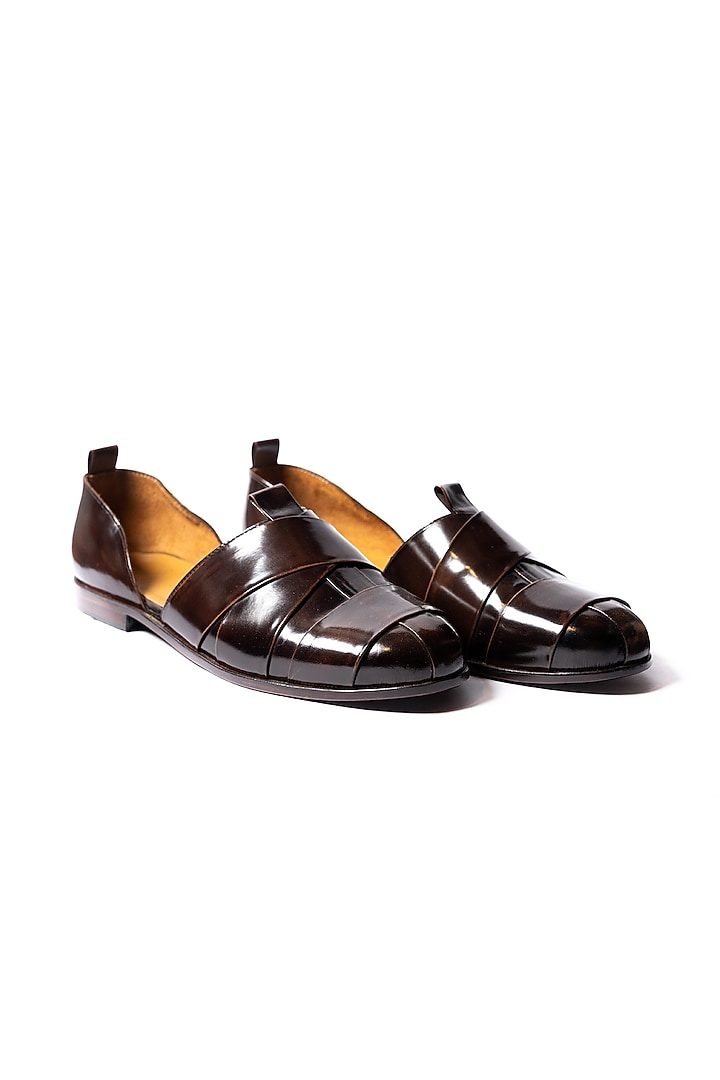 Burnt Deep Brown Leather Cross Strappy Sandals by ARTIMEN at Pernia's Pop Up Shop