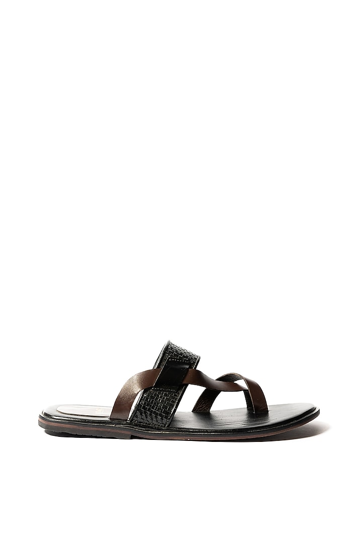 Black & Brown Leather Handwoven Cross Slippers by ARTIMEN at Pernia's Pop Up Shop
