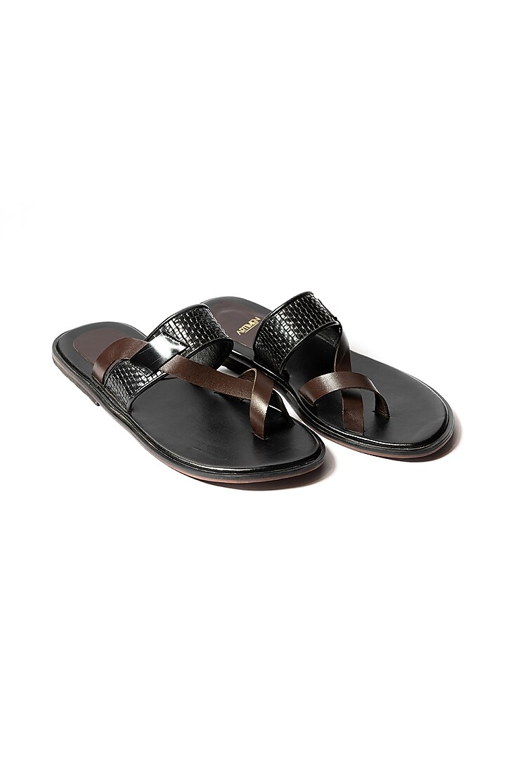 Black & Brown Leather Handwoven Cross Slippers by ARTIMEN at Pernia's Pop Up Shop