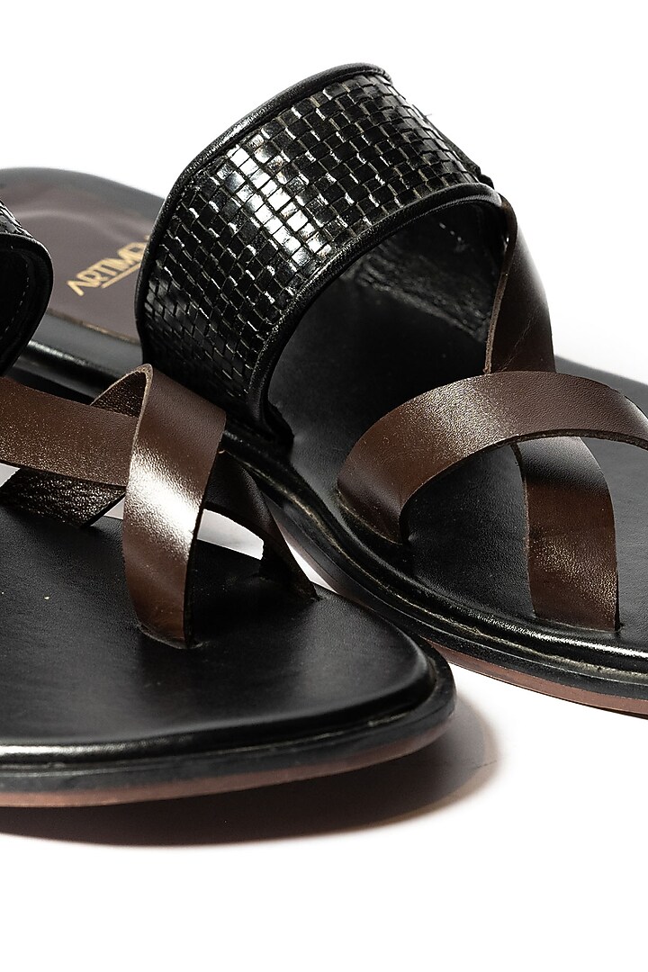 Black & Brown Leather Handwoven Cross Slippers by ARTIMEN at Pernia's Pop Up Shop