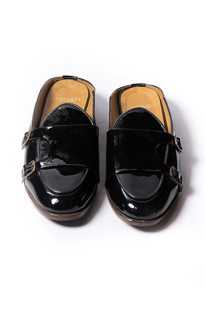 Black Leather Patent Mules by ARTIMEN at Pernia's Pop Up Shop
