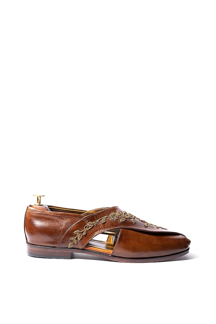 Burnt Tan Leather Hand Embroidered Peshwaris by ARTIMEN at Pernia's Pop Up Shop