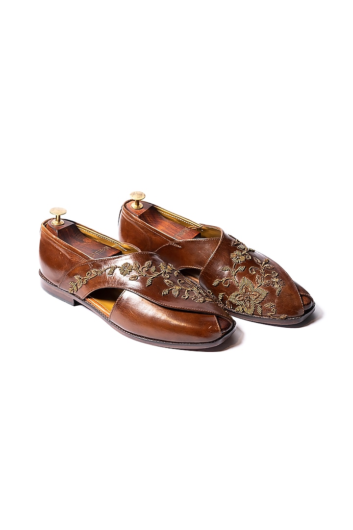 Burnt Tan Leather Hand Embroidered Peshwaris by ARTIMEN at Pernia's Pop Up Shop