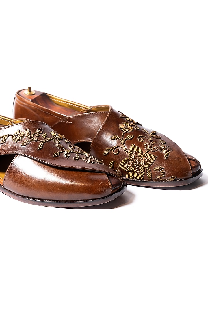Burnt Tan Leather Hand Embroidered Peshwaris by ARTIMEN at Pernia's Pop Up Shop