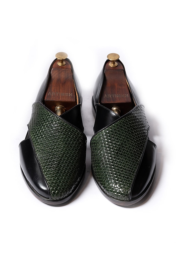 Green & Black Leather Peshawari Sandals by ARTIMEN at Pernia's Pop Up Shop