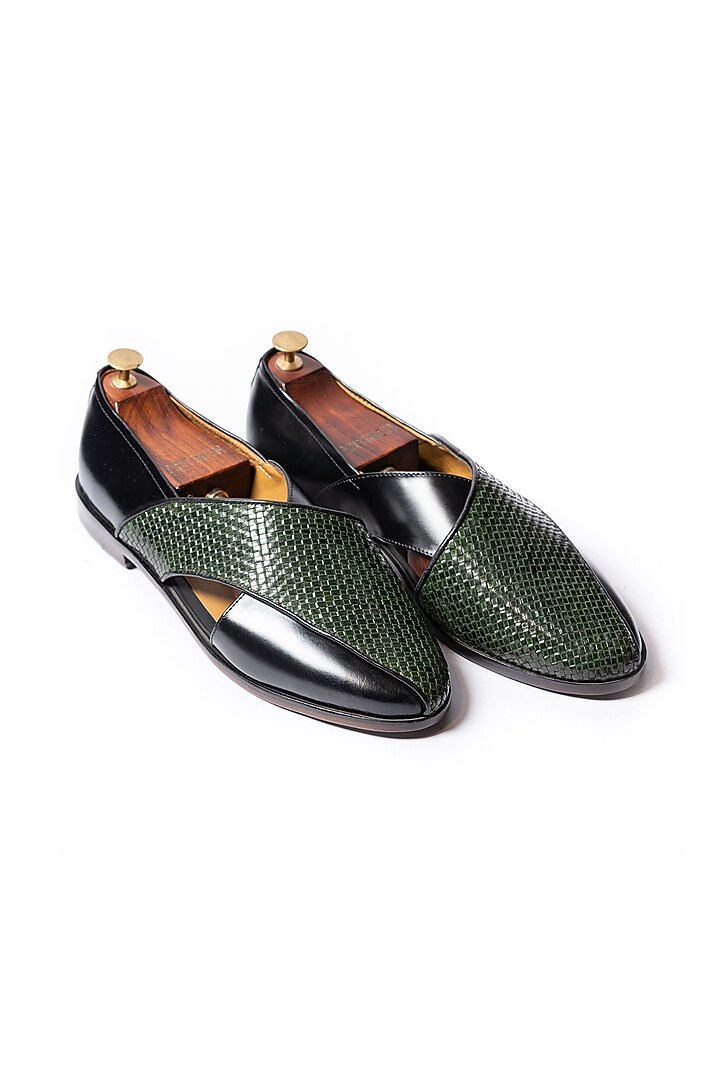 Green & Black Leather Peshawari Sandals by ARTIMEN at Pernia's Pop Up Shop