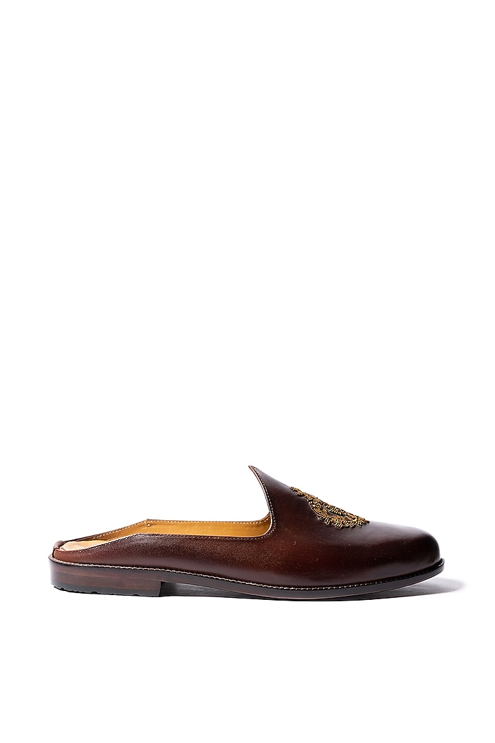 Burnt Brown Leather Hand Embroidered Mules by ARTIMEN at Pernia's Pop Up Shop