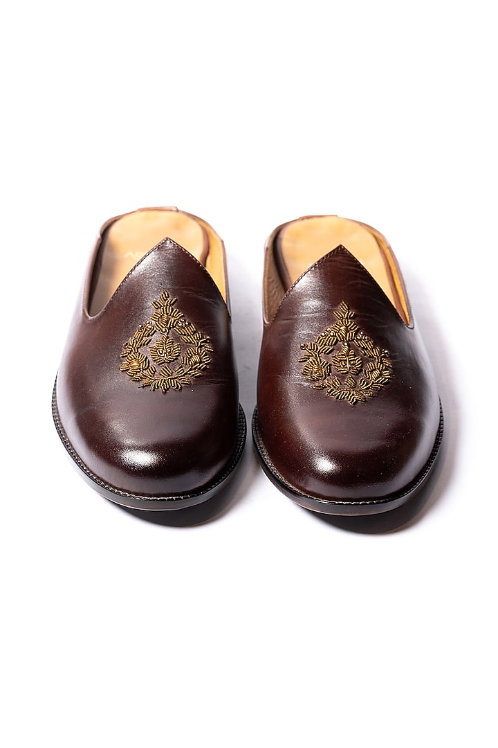 Burnt Brown Leather Hand Embroidered Mules by ARTIMEN at Pernia's Pop Up Shop
