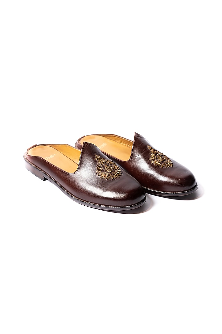Burnt Brown Leather Hand Embroidered Mules by ARTIMEN at Pernia's Pop Up Shop