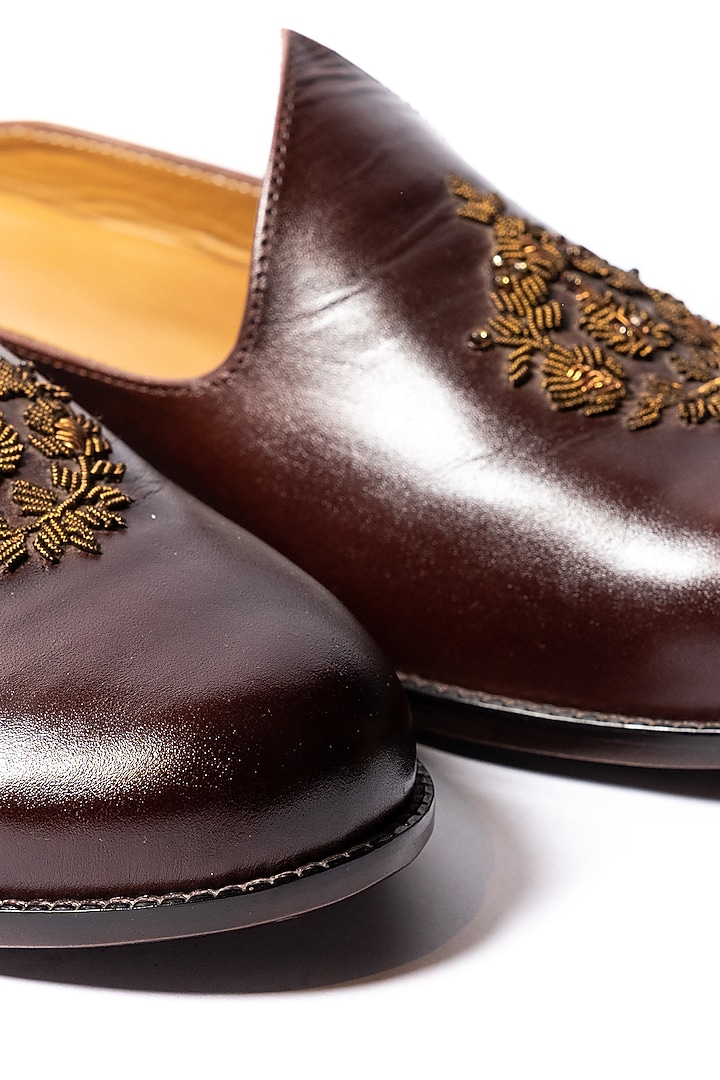 Burnt Brown Leather Hand Embroidered Mules by ARTIMEN at Pernia's Pop Up Shop