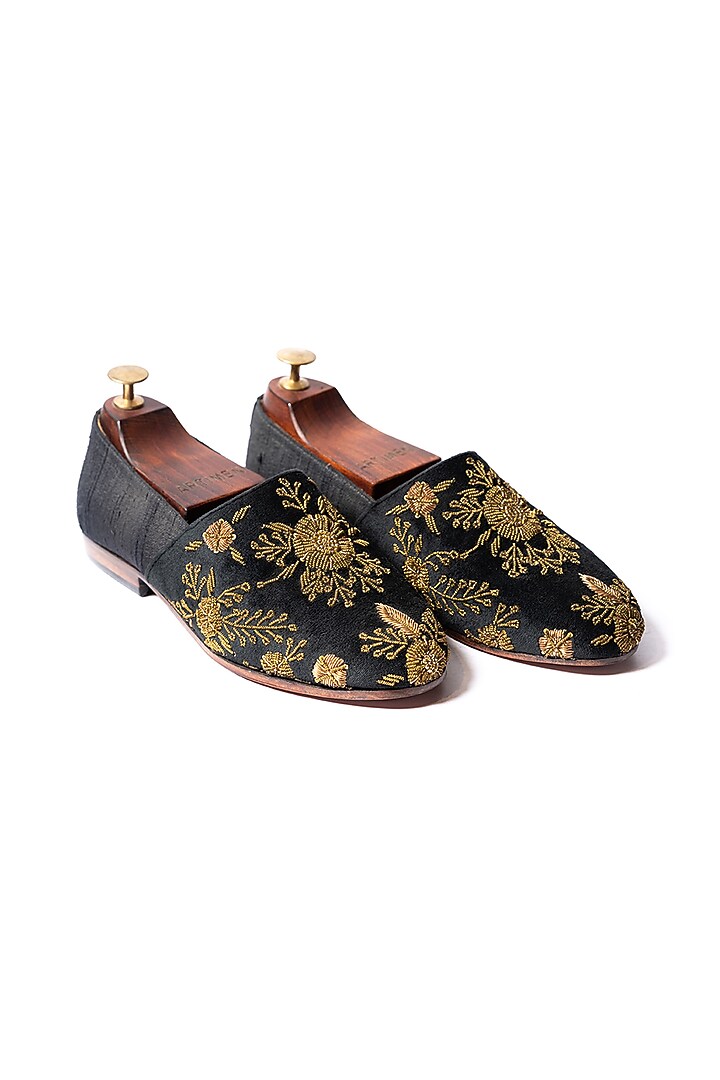 Black Velvet & Raw Silk Hand Embroidered Shoes by ARTIMEN at Pernia's Pop Up Shop