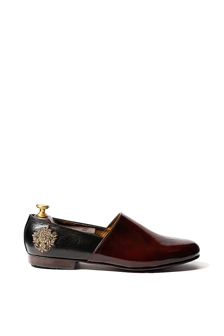 Burnt Cherry & Black Leather Embroidered Shoes by ARTIMEN at Pernia's Pop Up Shop