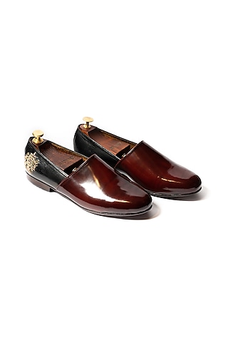 Burnt Cherry & Black Leather Embroidered Shoes by ARTIMEN