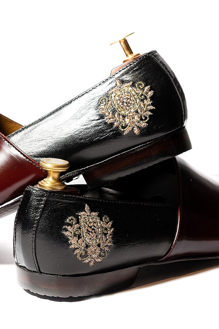 Burnt Cherry & Black Leather Embroidered Shoes by ARTIMEN at Pernia's Pop Up Shop
