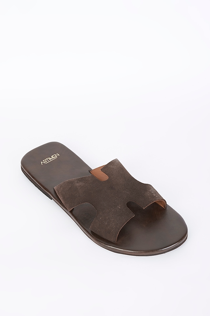 Brown Leather Slippers by ARTIMEN at Pernia's Pop Up Shop