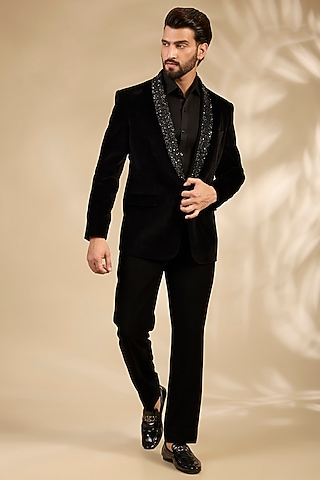 Black Premium Cotton Velvet Cutdana Embroidered Tuxedo Set by ARTIMEN