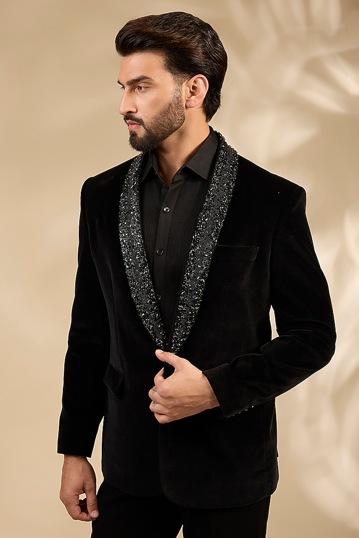 Black Premium Cotton Velvet Cutdana Embroidered Tuxedo Set by ARTIMEN at Pernia's Pop Up Shop