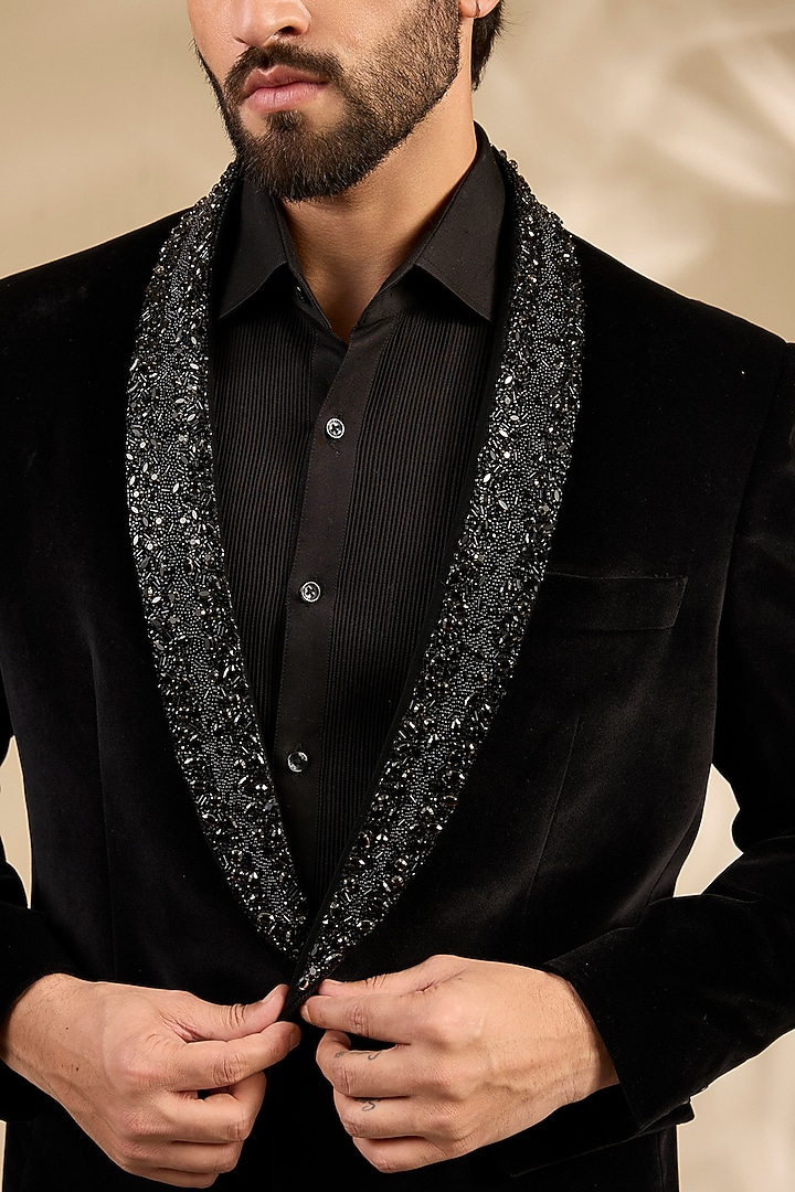 Black Premium Cotton Velvet Cutdana Embroidered Tuxedo Set by ARTIMEN at Pernia's Pop Up Shop