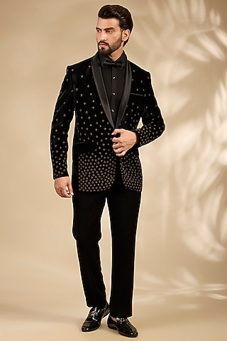 Black Premium Cotton Velvet Cutdana Embroidered Tuxedo Set by ARTIMEN