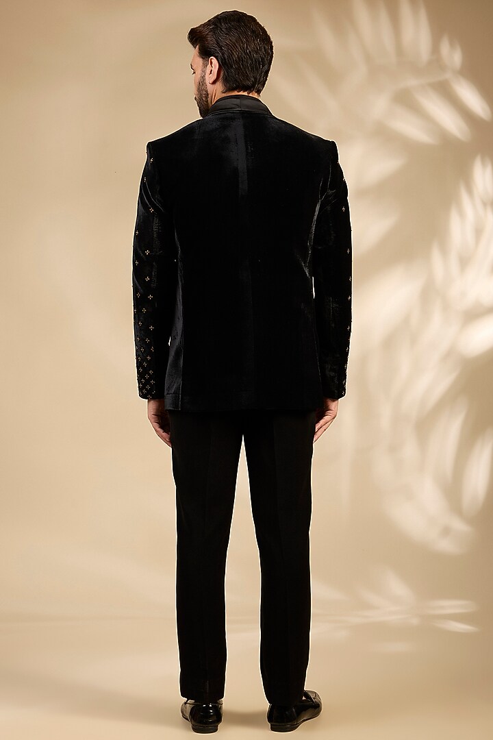 Black Premium Cotton Velvet Cutdana Embroidered Tuxedo Set by ARTIMEN at Pernia's Pop Up Shop
