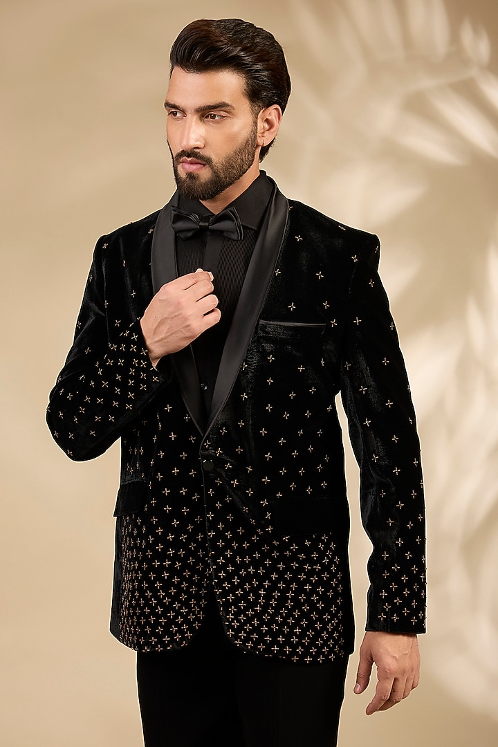 Black Premium Cotton Velvet Cutdana Embroidered Tuxedo Set by ARTIMEN at Pernia's Pop Up Shop