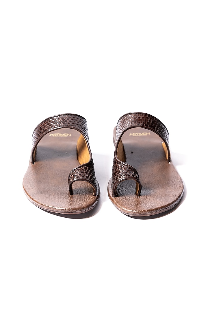 Brown Woven Leather Slippers by ARTIMEN