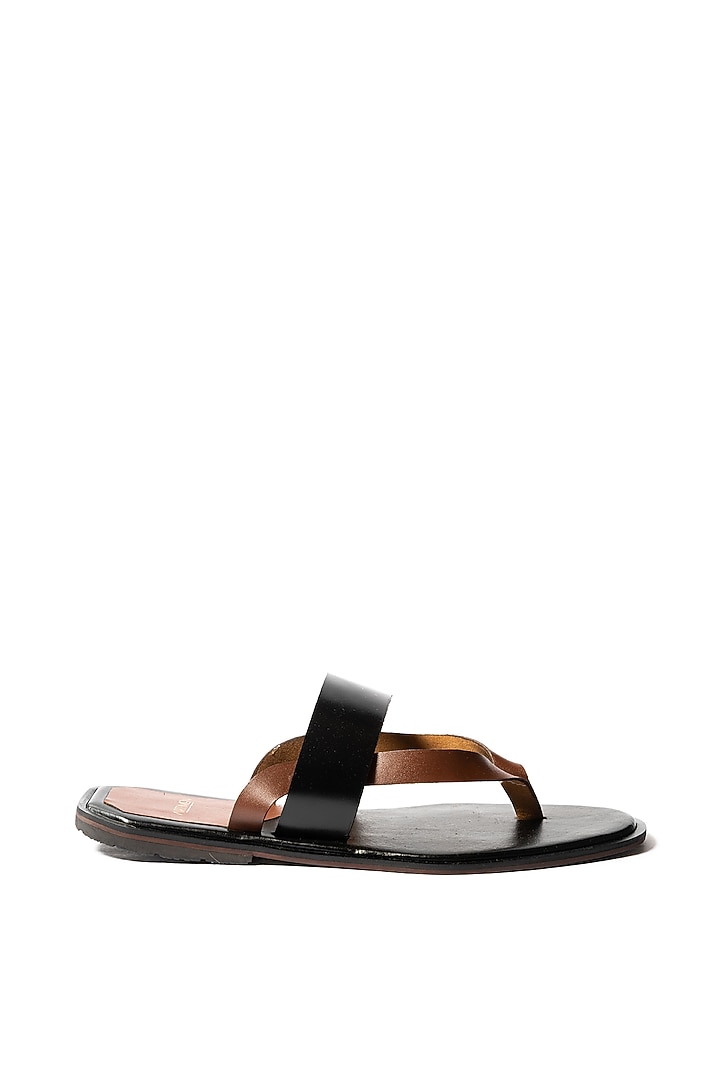 Black & Brown Leather Strappy Slippers by ARTIMEN at Pernia's Pop Up Shop
