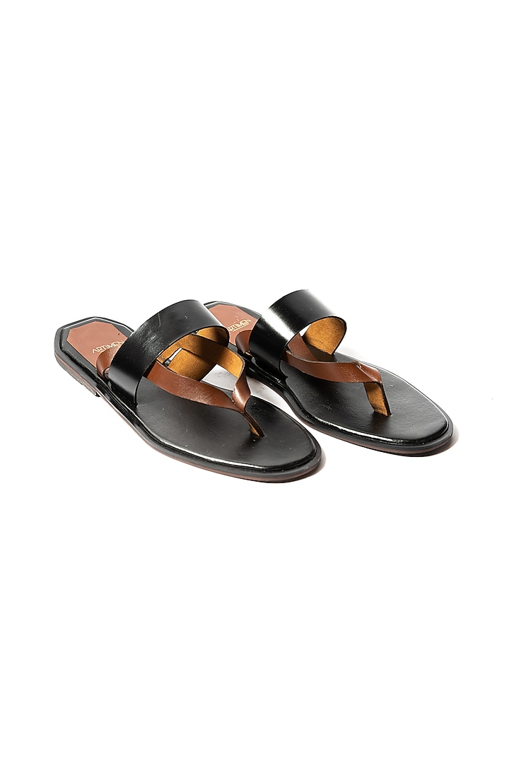 Black & Brown Leather Strappy Slippers by ARTIMEN at Pernia's Pop Up Shop