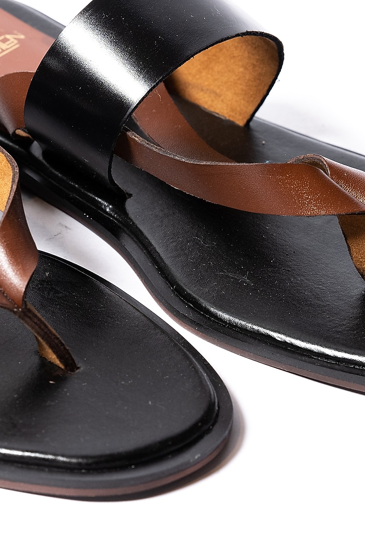 Black & Brown Leather Strappy Slippers by ARTIMEN at Pernia's Pop Up Shop