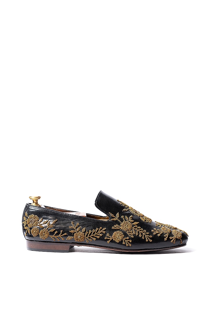 Black Leather Thread Hand Embroidered Loafers by ARTIMEN at Pernia's Pop Up Shop