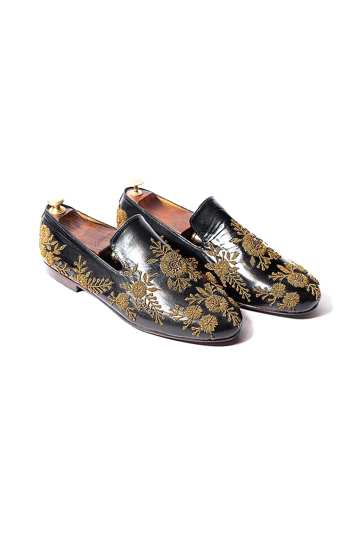 Black Leather Thread Hand Embroidered Loafers by ARTIMEN at Pernia's Pop Up Shop