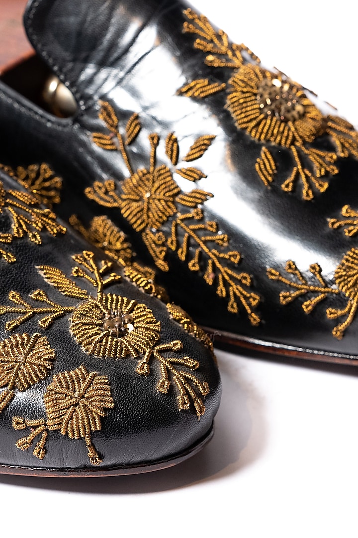 Black Leather Thread Hand Embroidered Loafers by ARTIMEN at Pernia's Pop Up Shop
