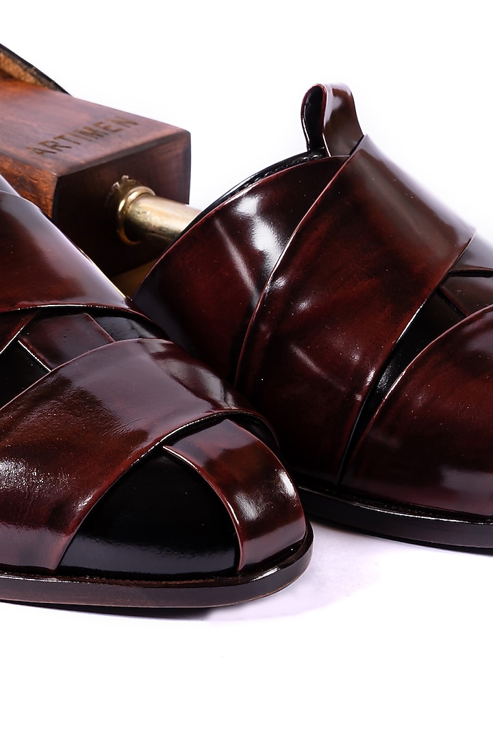 Burnt Cherry & Black Leather Sandals by ARTIMEN at Pernia's Pop Up Shop