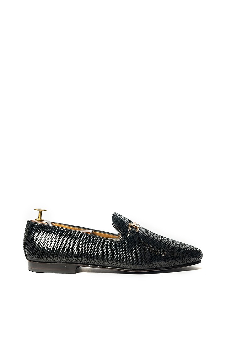 Black Leather Lizard Printed Loafers by ARTIMEN at Pernia's Pop Up Shop