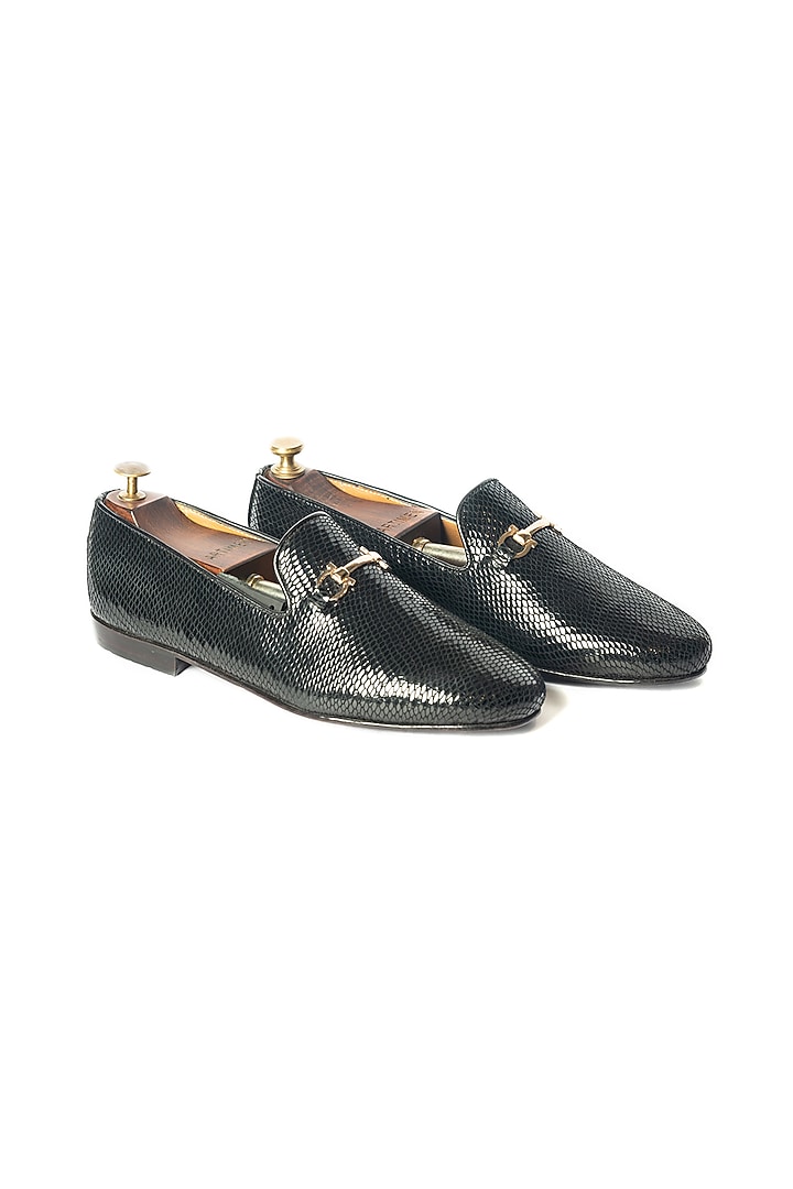 Black Leather Lizard Printed Loafers by ARTIMEN at Pernia's Pop Up Shop